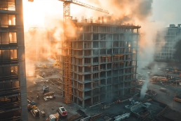 Brand på byggarbetsplats - Rök kommer från en byggnad på en byggarbetsplats