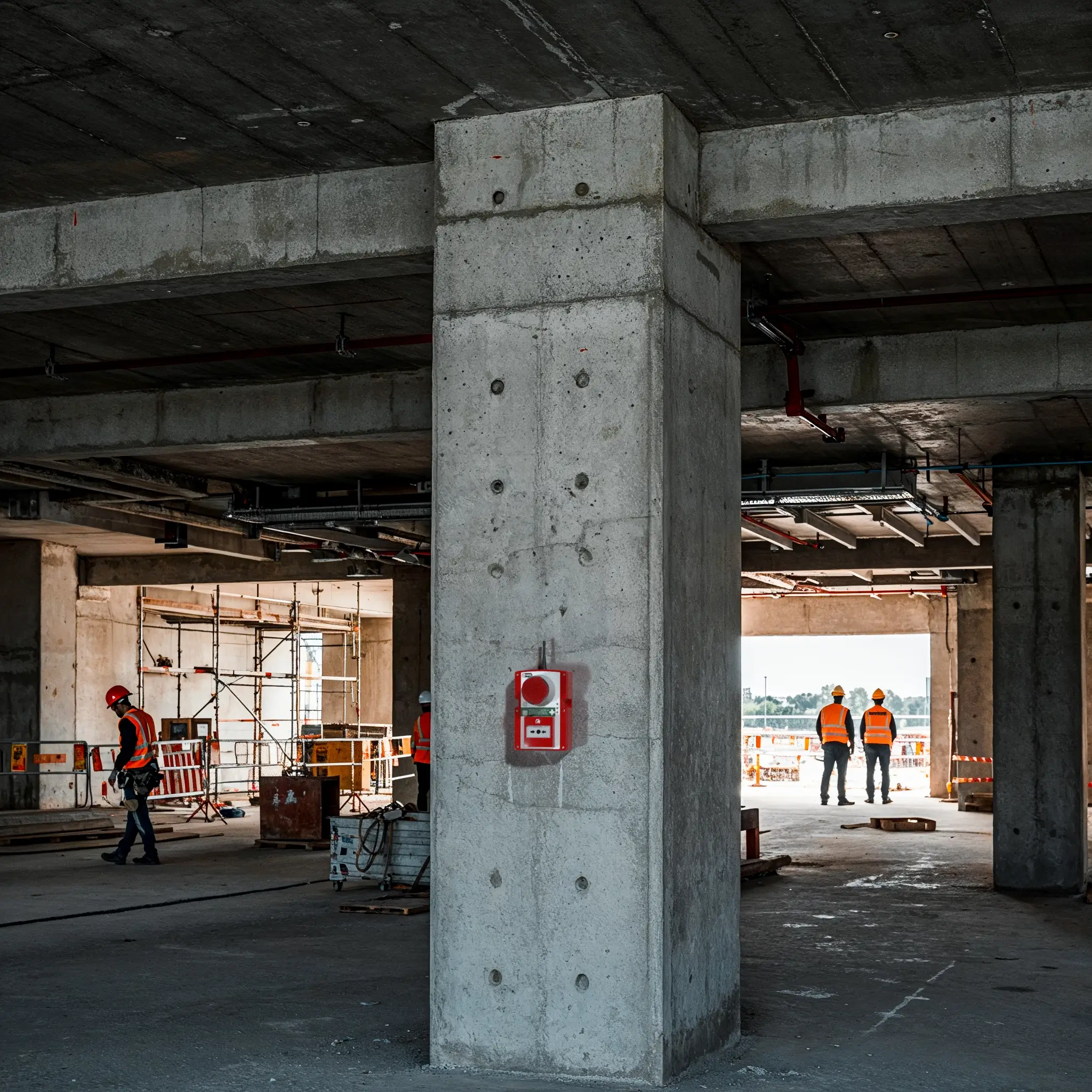 Construction Site Safety Solutions: WES3 wireless manual call point installed on concrete pillar at construction site.
