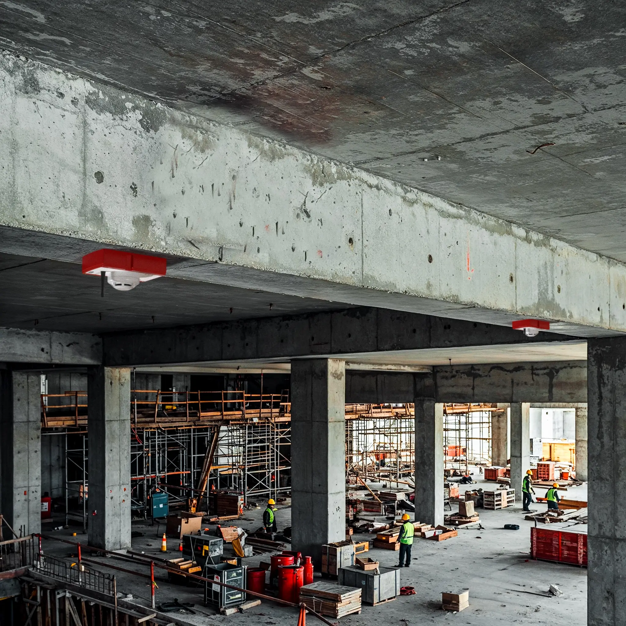 Construction Site Safety Solutions: WES3 wireless smoke detector installed on construction site ceiling for early fire detection.