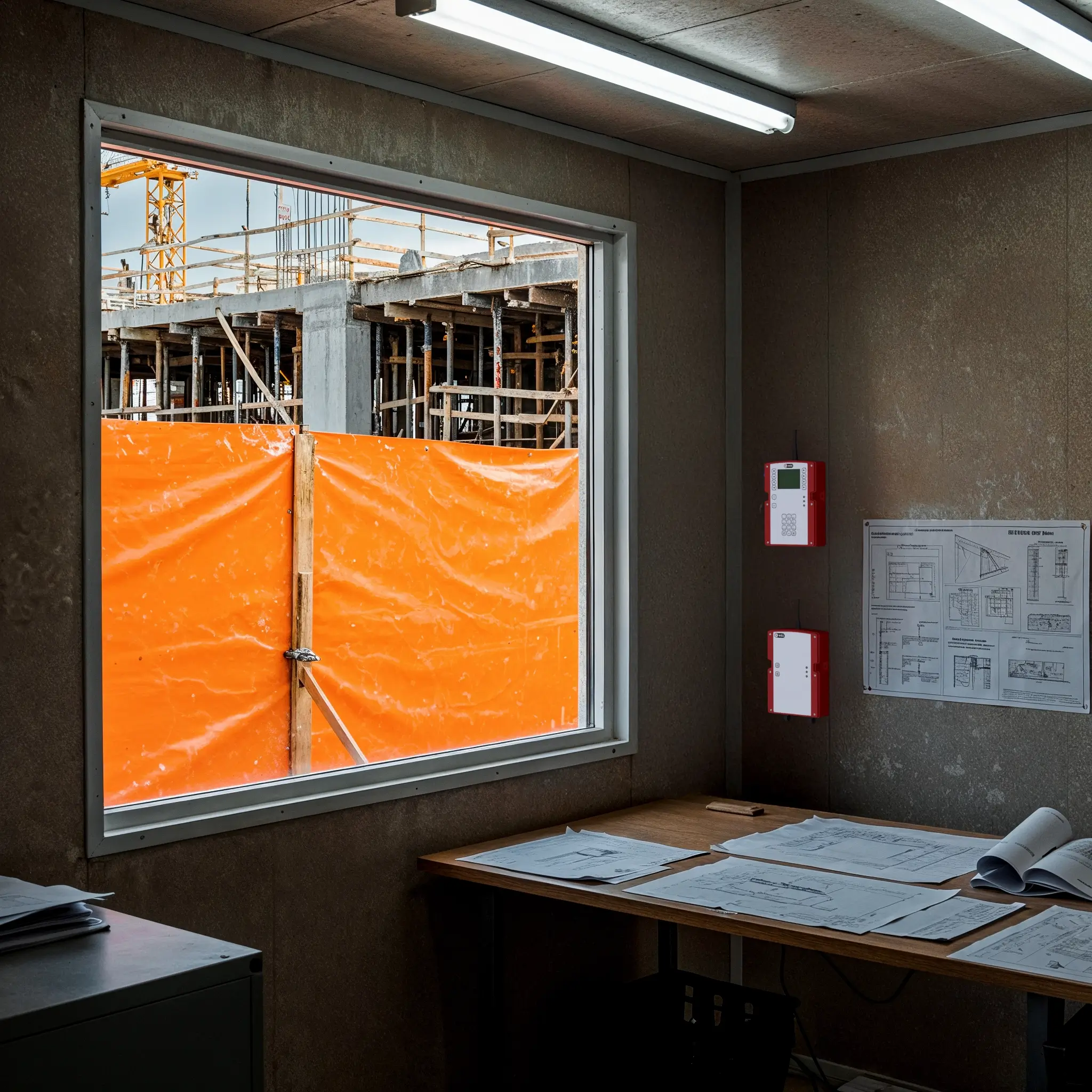 Construction Site Safety Solutions: WES3 Connect control unit installed in construction site office for safety system control.