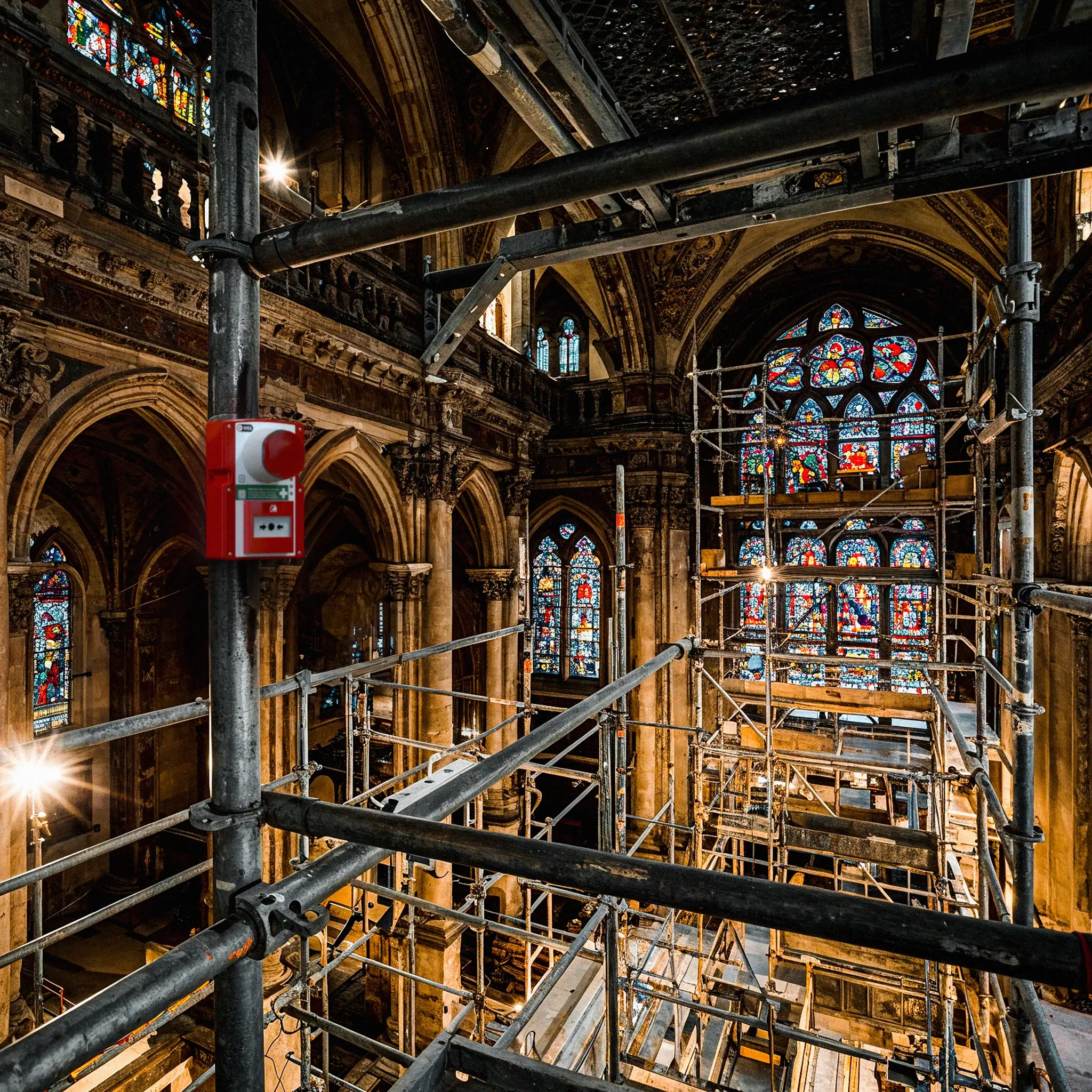 WES3 call point installed in heritage building restoration scaffolding.