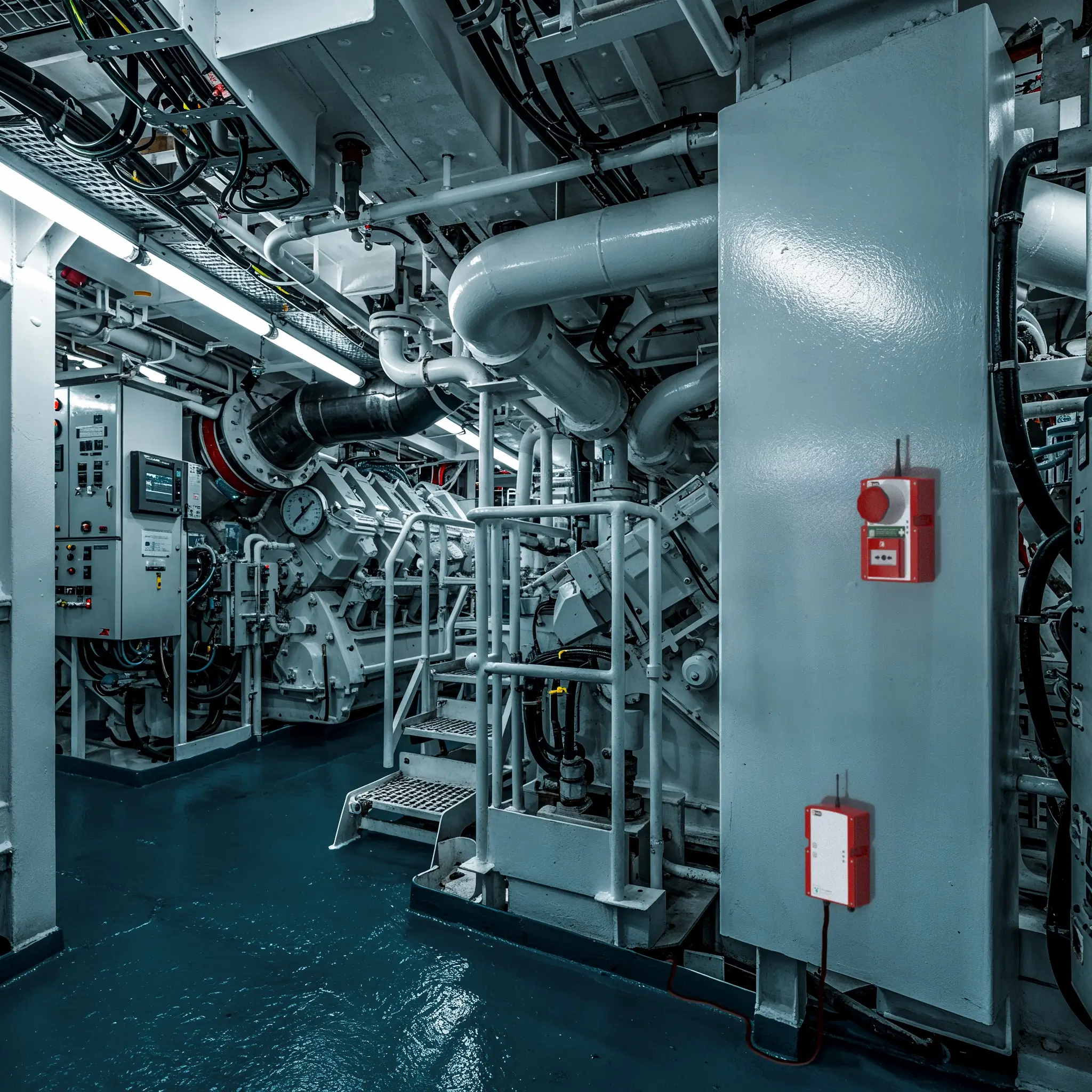 WES3 call point and base station in ship engine room for marine fire protection.