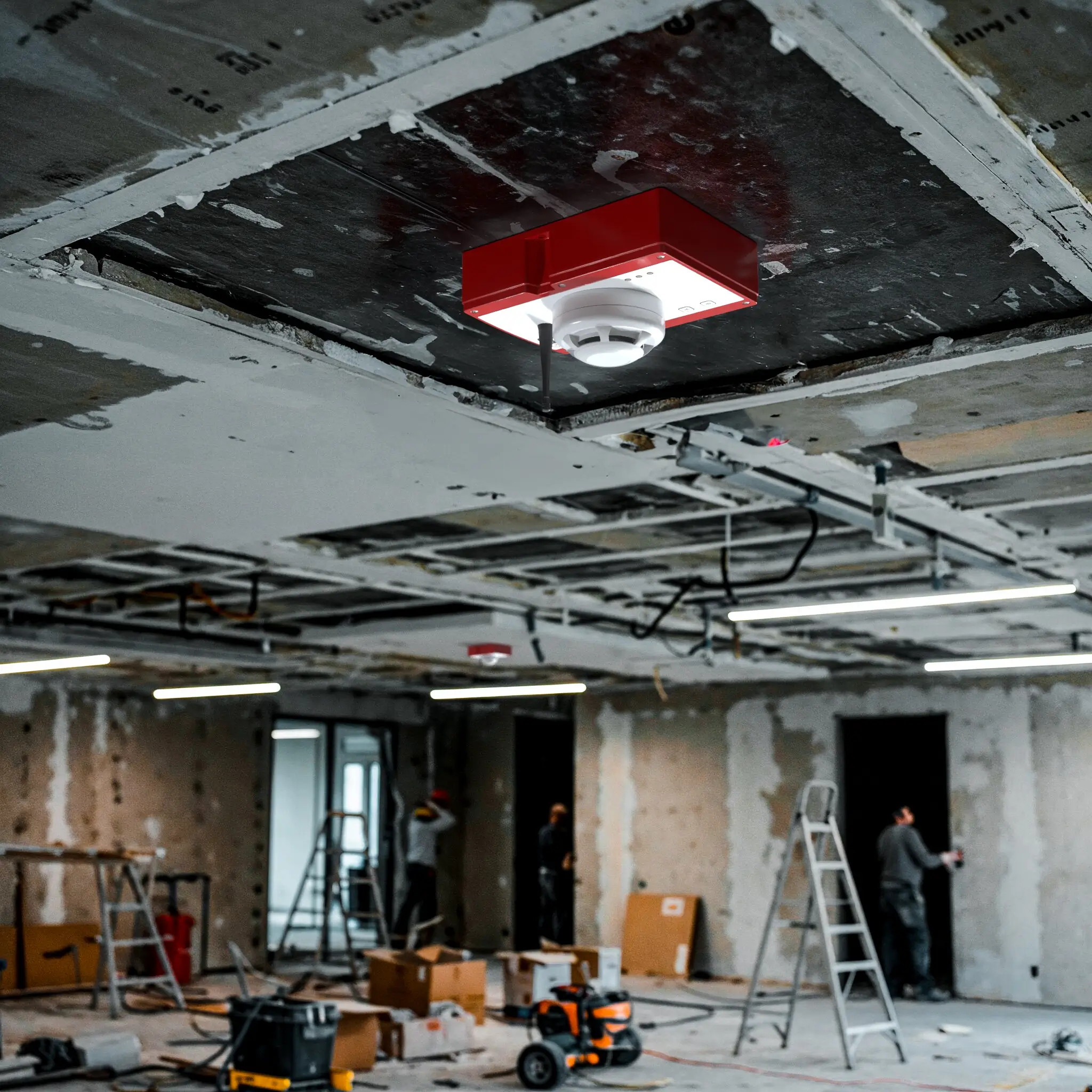WES3 smoke detector fixed to ceiling in building under refurbishment.