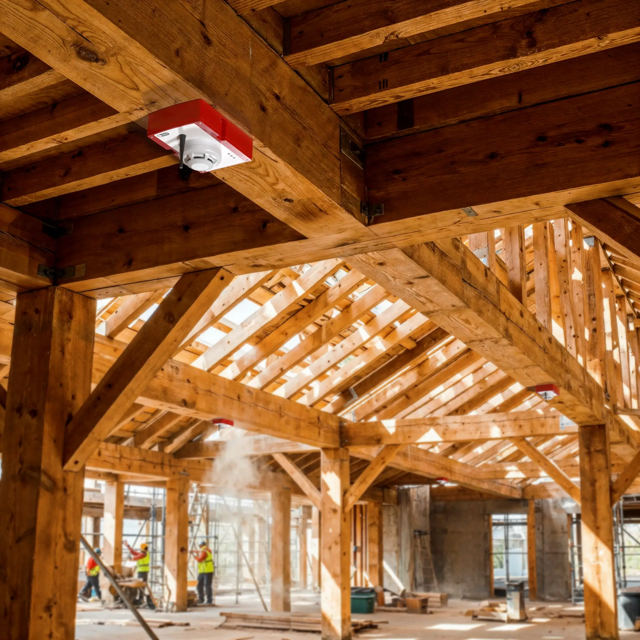 WES3 smoke detector mounted under timber roof beams.