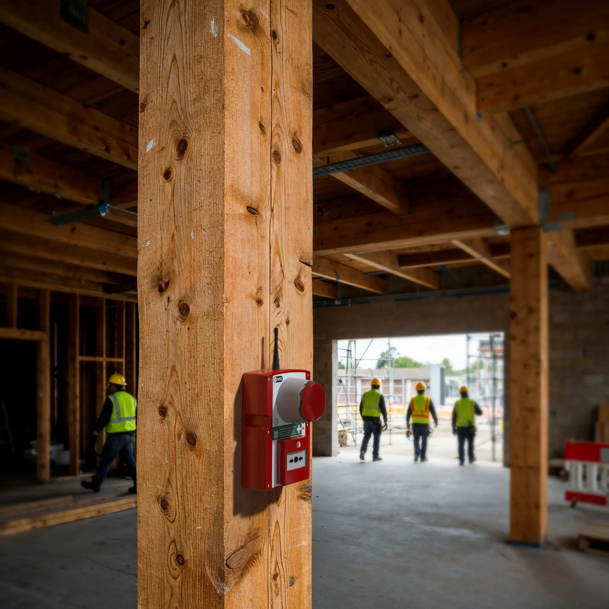 WES3 call point mounted on timber column.
