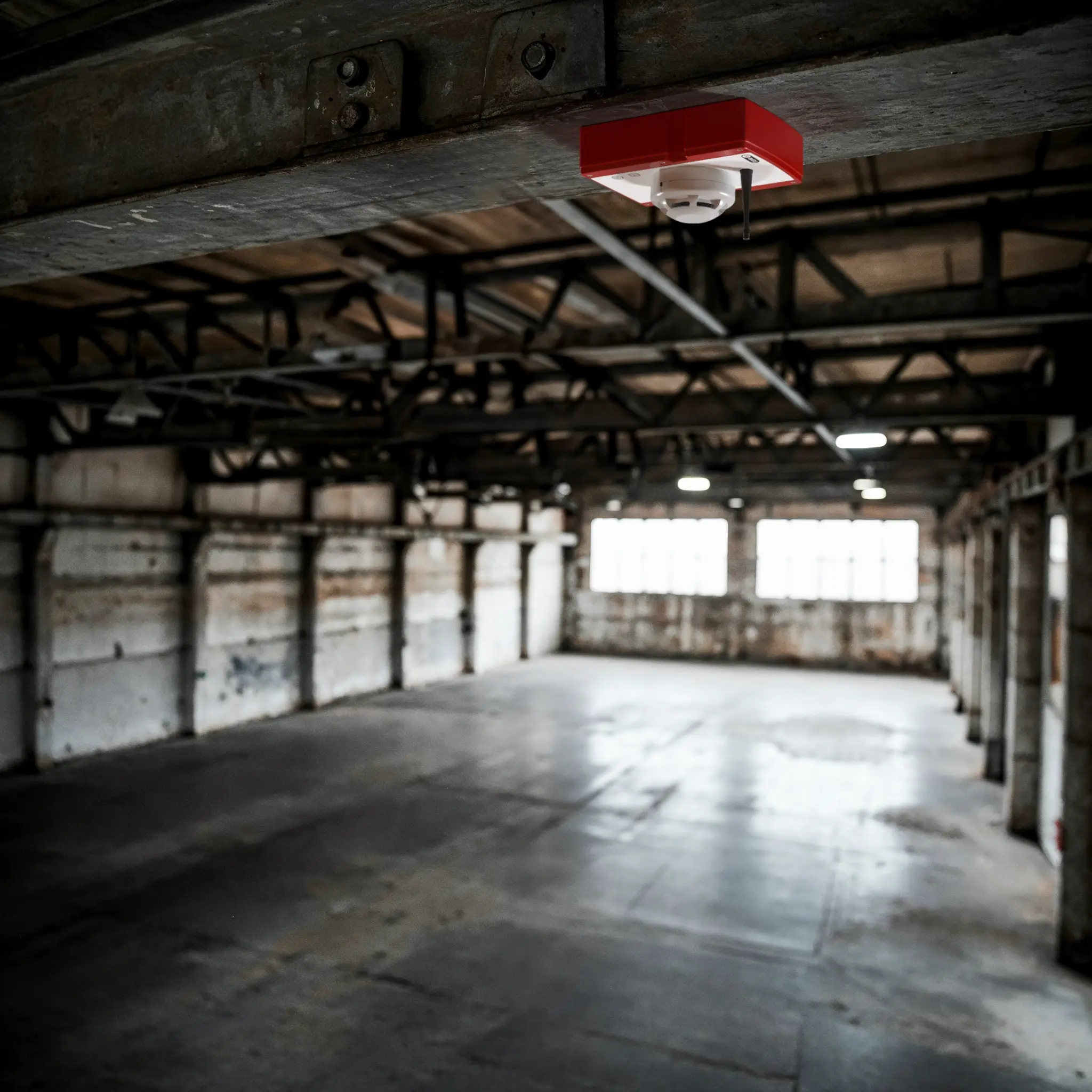 WES3 smoke detector mounted in empty warehouse ceiling.