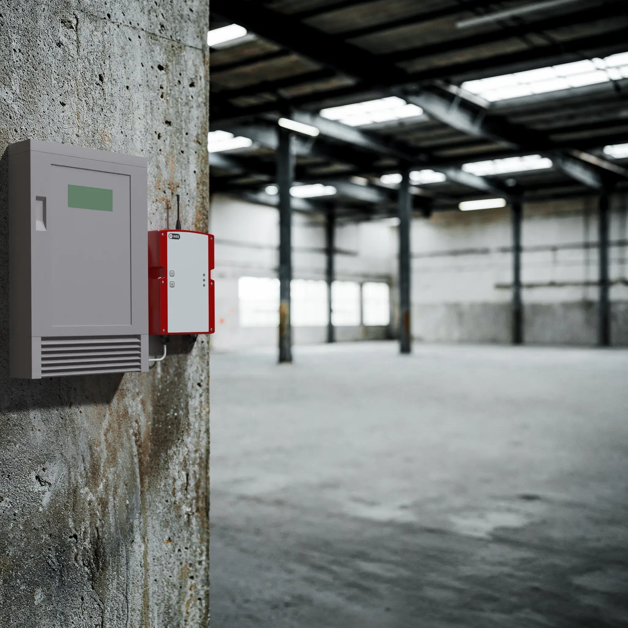 WES3 base station mounted in vacant warehouse.