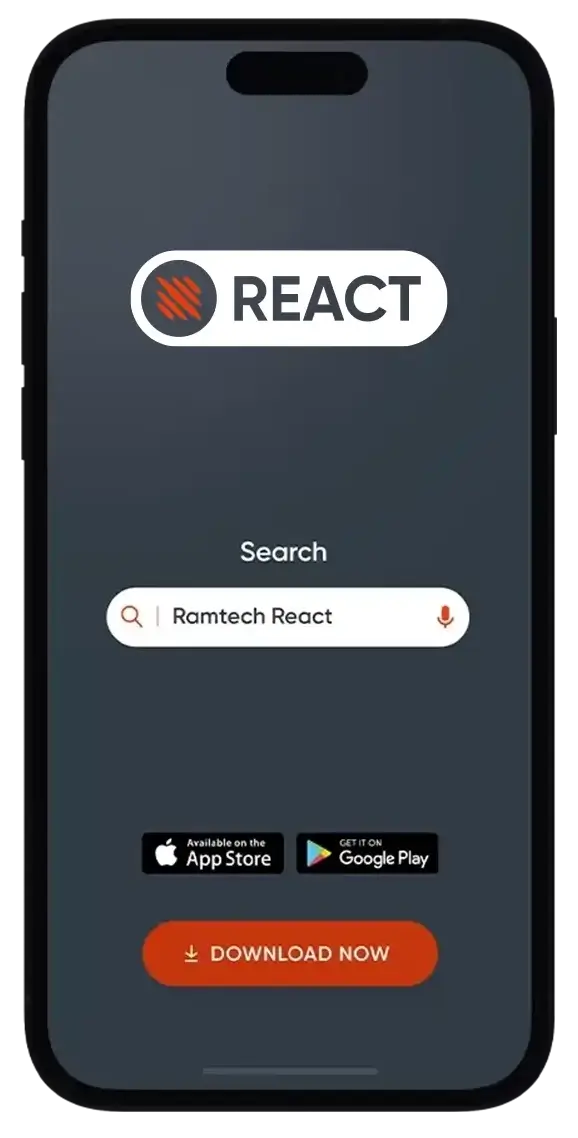 Smartphone displaying Ramtech REACT app interface for WES wireless fire and evacuation system alerts.