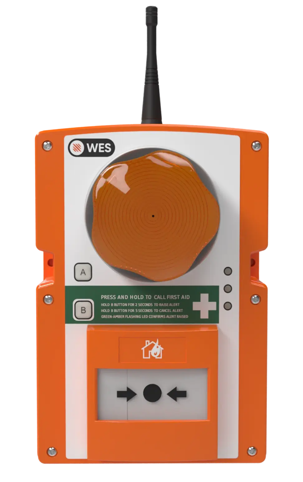 WES3 wireless fire and first aid call point with activation buttons, alarm, strobe, and antenna.