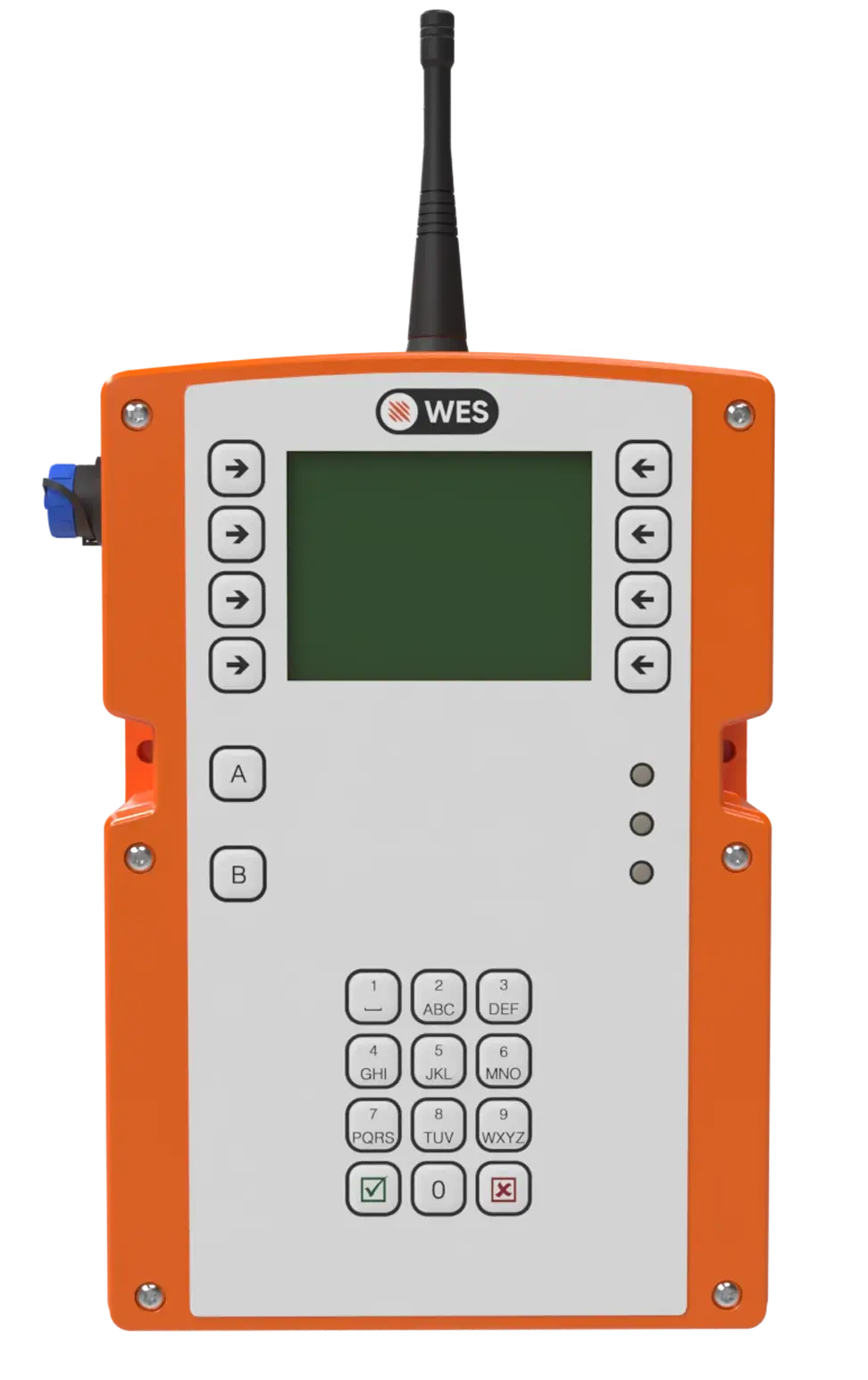 WES3 wireless fire and evacuation control unit with keypad, LCD display, and antenna.