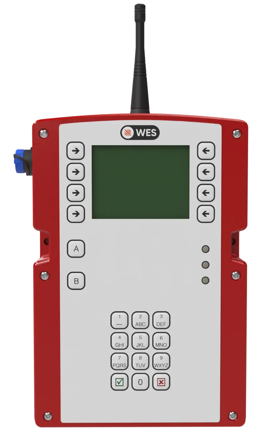 WES3 Connect wireless fire and evacuation control unit with LCD display, keypad, and antenna.