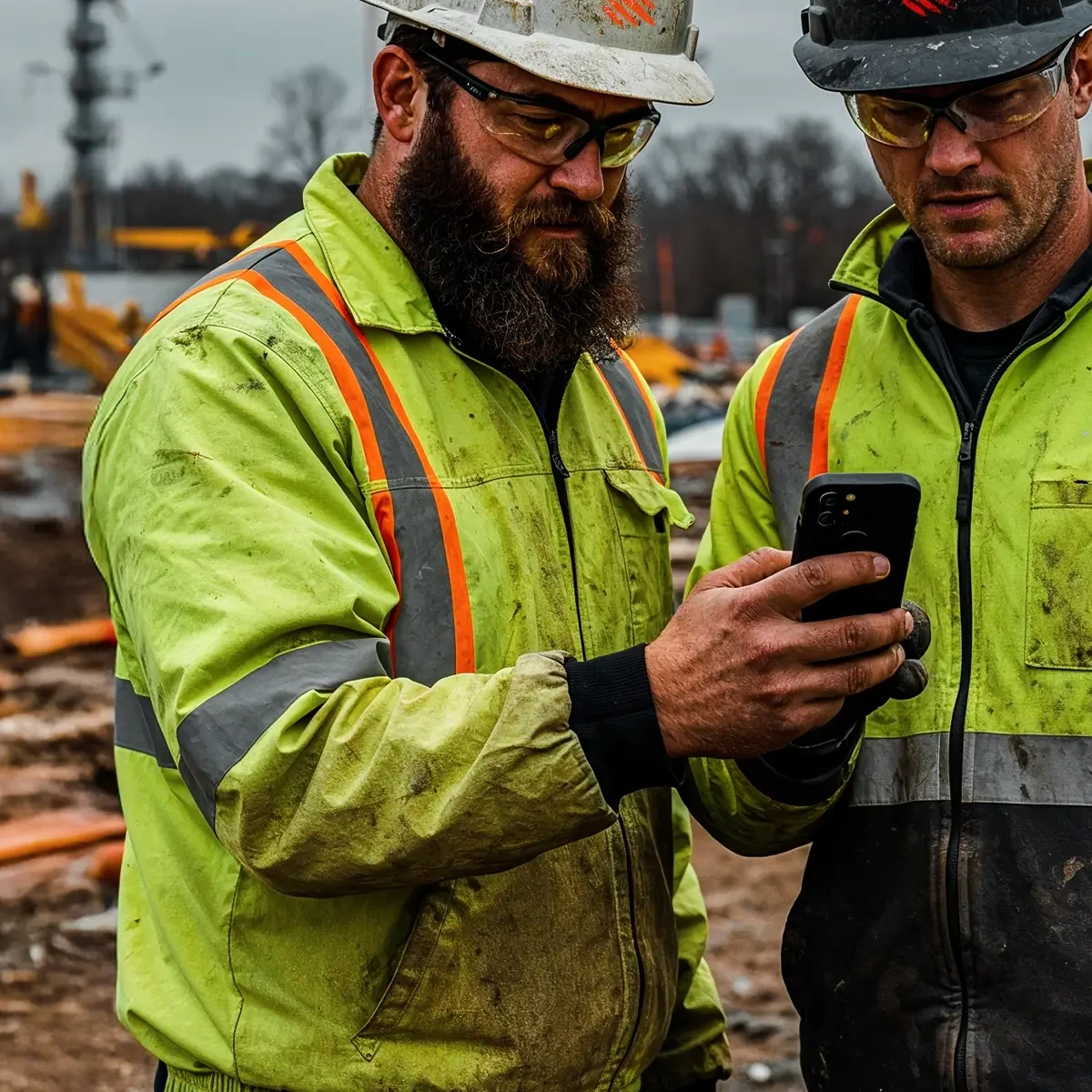 Construction workers in high-visibility jackets using smartphone with REACT monitoring for WES wireless fire and evacuation system.