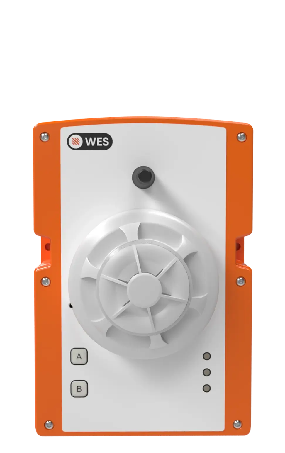 WES3 wireless heat detector unit with dual activation buttons and status indicator lights.