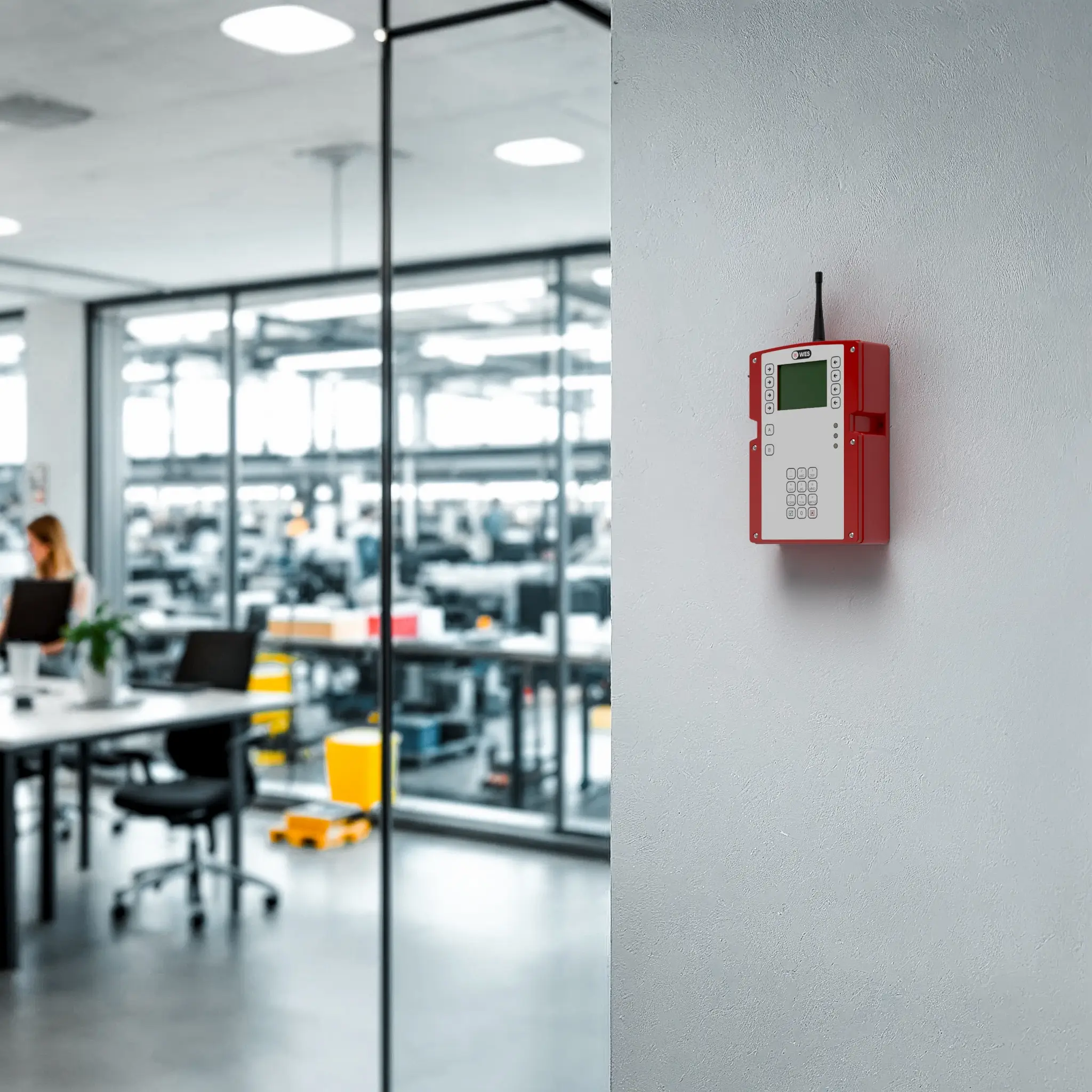 WES3 Connect unit mounted on industrial office wall.