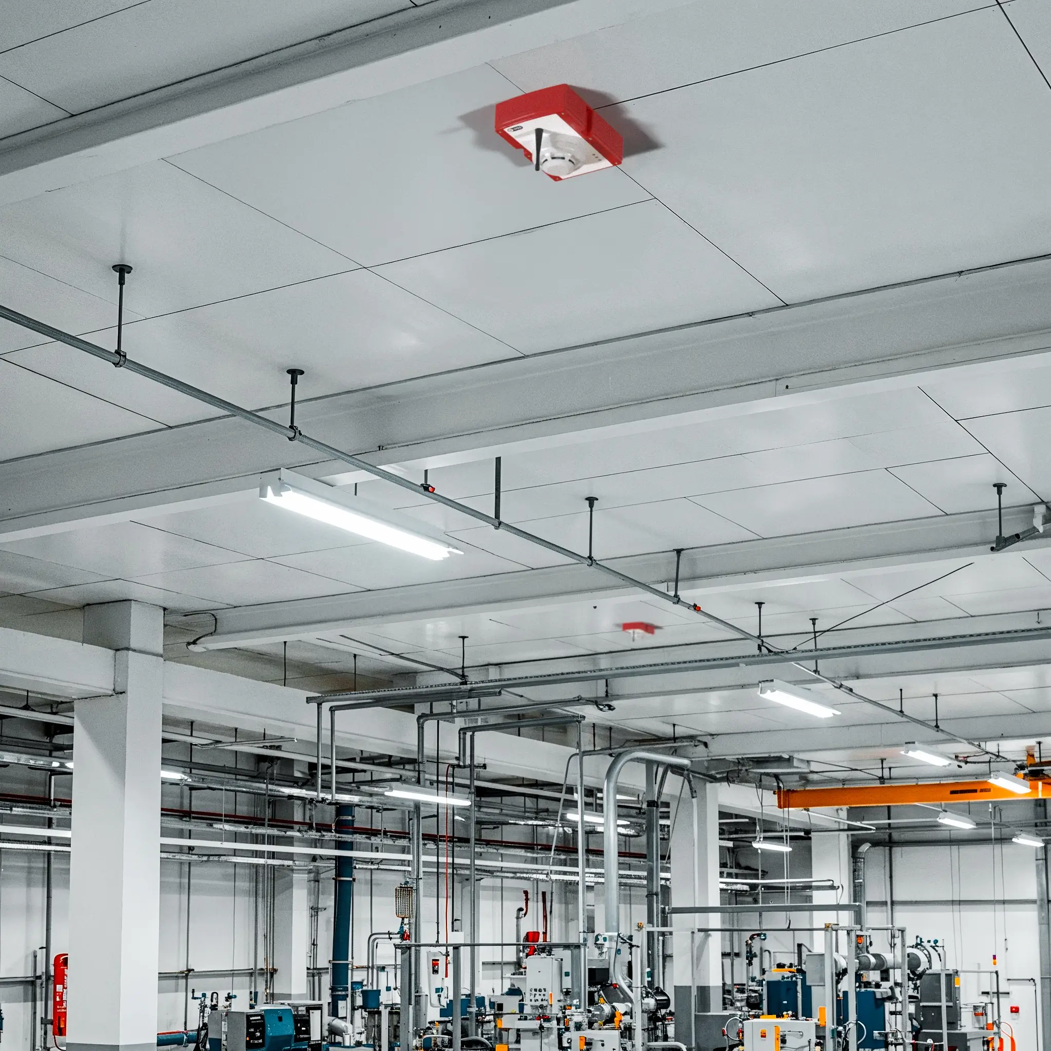 WES3 smoke detector in industrial manufacturing ceiling.