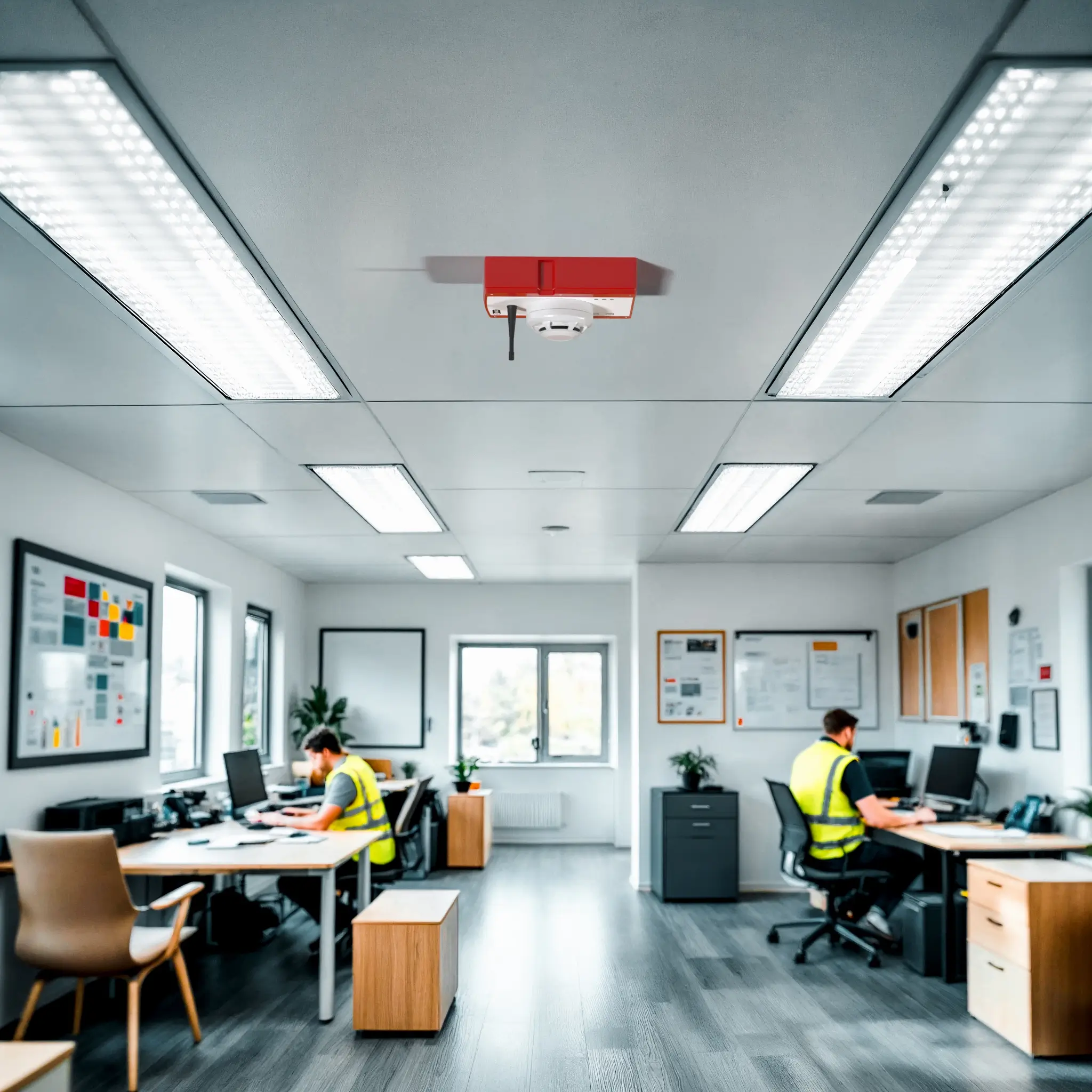 WES3 smoke detector in modular office ceiling.