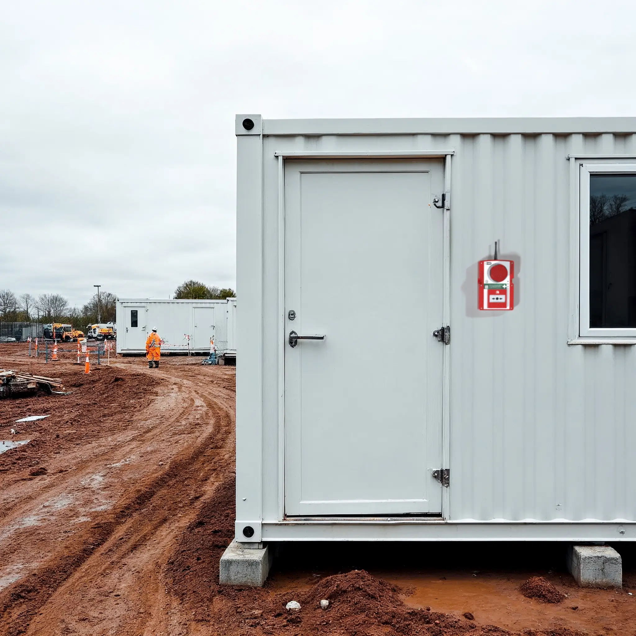 WES3 manual call point on temporary cabin exterior.