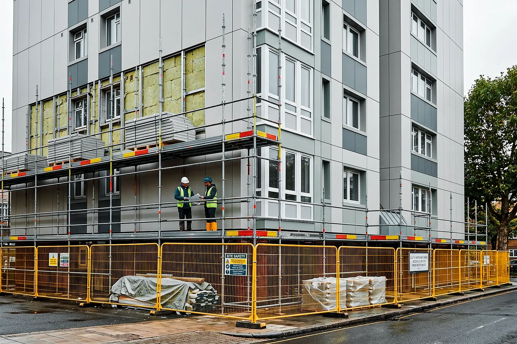 Rénovation du bardage d'un immeuble résidentiel avec des panneaux de façade gris, isolation apparente, échafaudages et ouvriers sur le chantier.