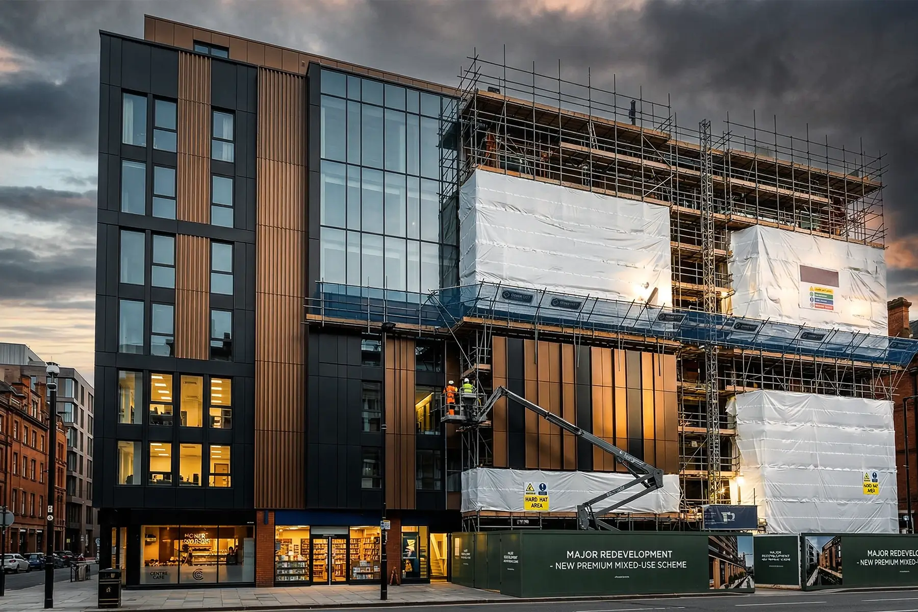 Rénovation de façade commerciale avec bardage en métal sombre, zone de travaux sous échafaudage, nacelle élévatrice et site de réaménagement à usage mixte.