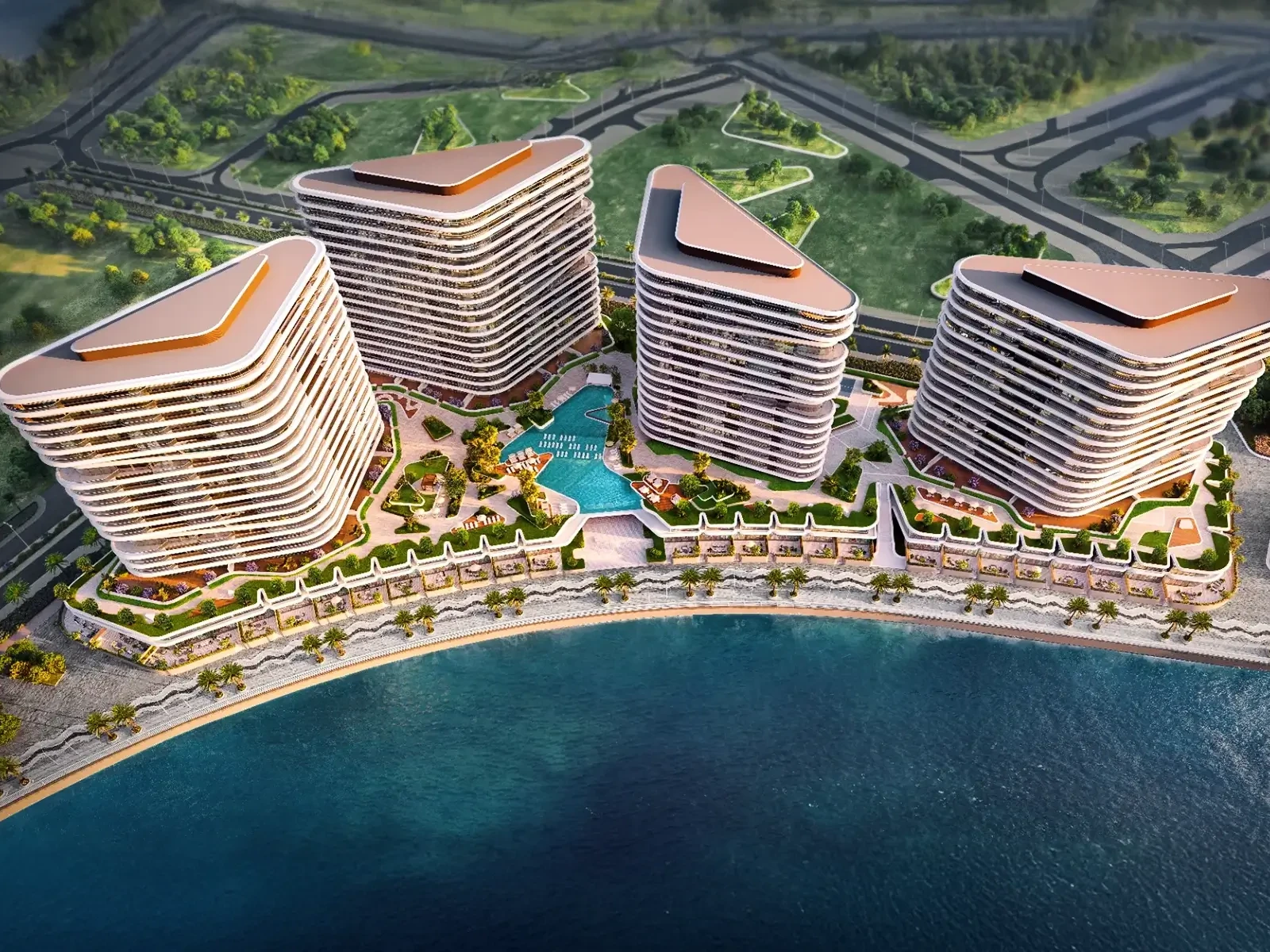 Rendu aérien du projet Sea La Vie nécessitant un système d'alarme incendie sans fil évolutif pour ses quatre tours.