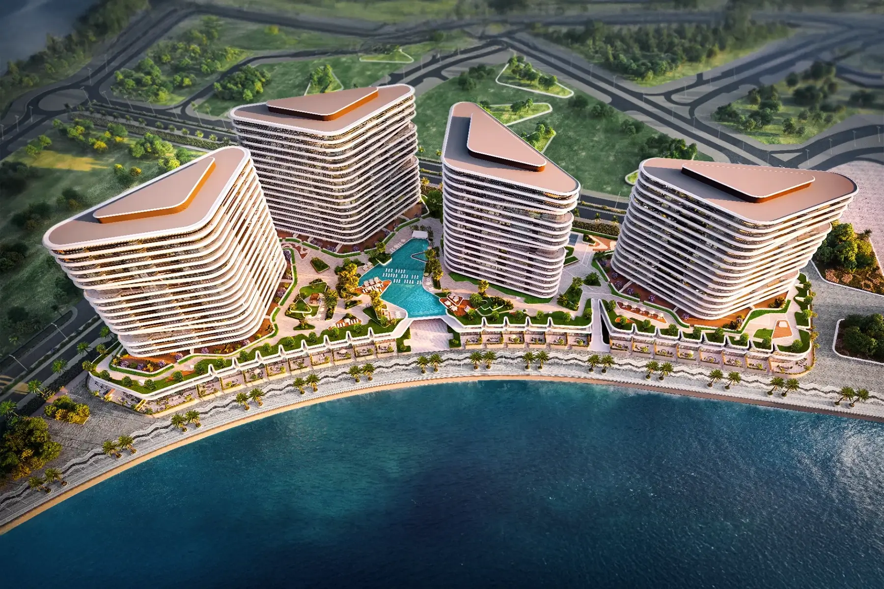 Aerial rendering of the Sea La Vie development requiring a scalable wireless fire alarm system for its four towers.