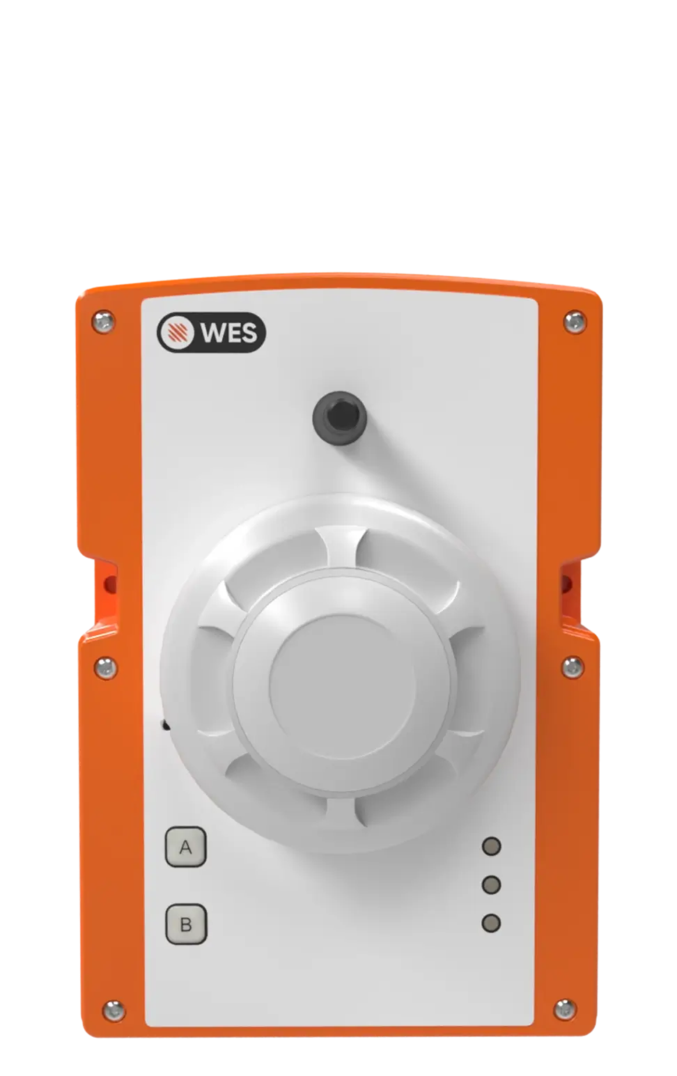 WES3 wireless smoke detector unit with dual activation buttons and status indicator lights.