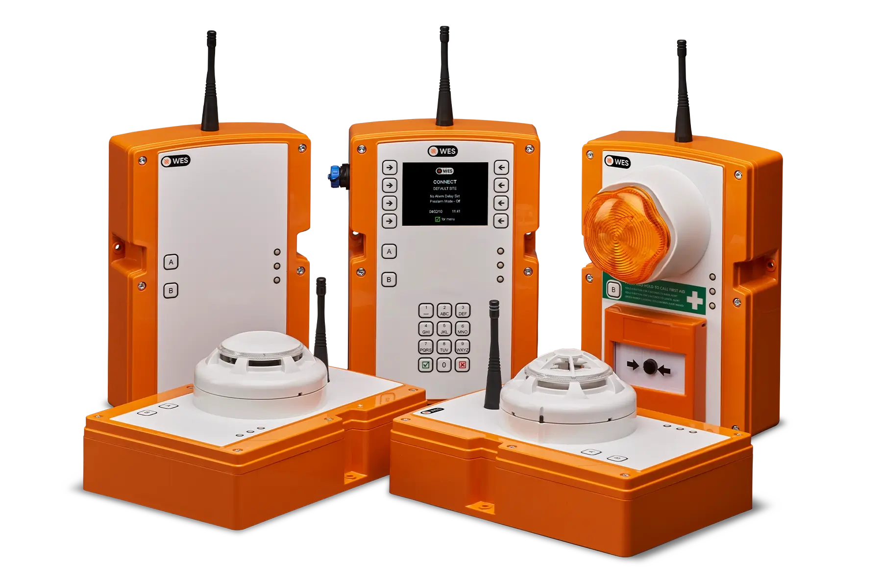 WES3 US and North America wireless fire and evacuation system showing control unit, link unit, manual call point, smoke detector, and heat detector.
