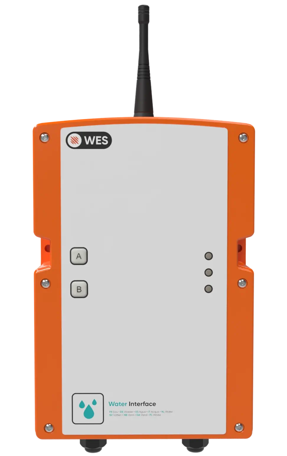 WES3 wireless water detection interface unit with antenna, activation buttons, and status indicator lights.